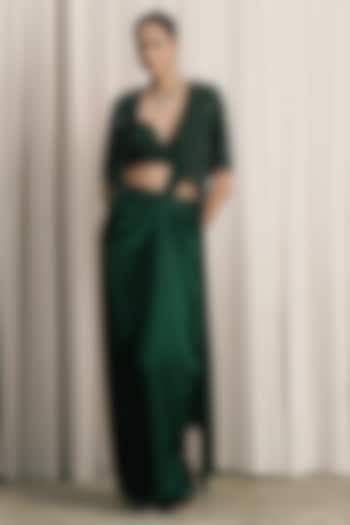 Emerald Green Satin Draped Reception Saree Set by ISTYA at Pernia's Pop Up Shop