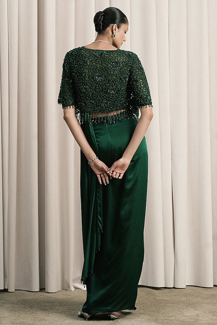Emerald Green Satin Draped Reception Saree Set by ISTYA at Pernia's Pop Up Shop