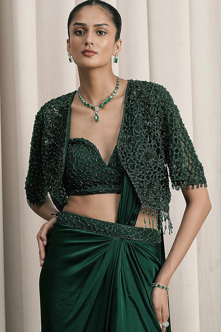 Emerald Green Satin Draped Reception Saree Set by ISTYA at Pernia's Pop Up Shop