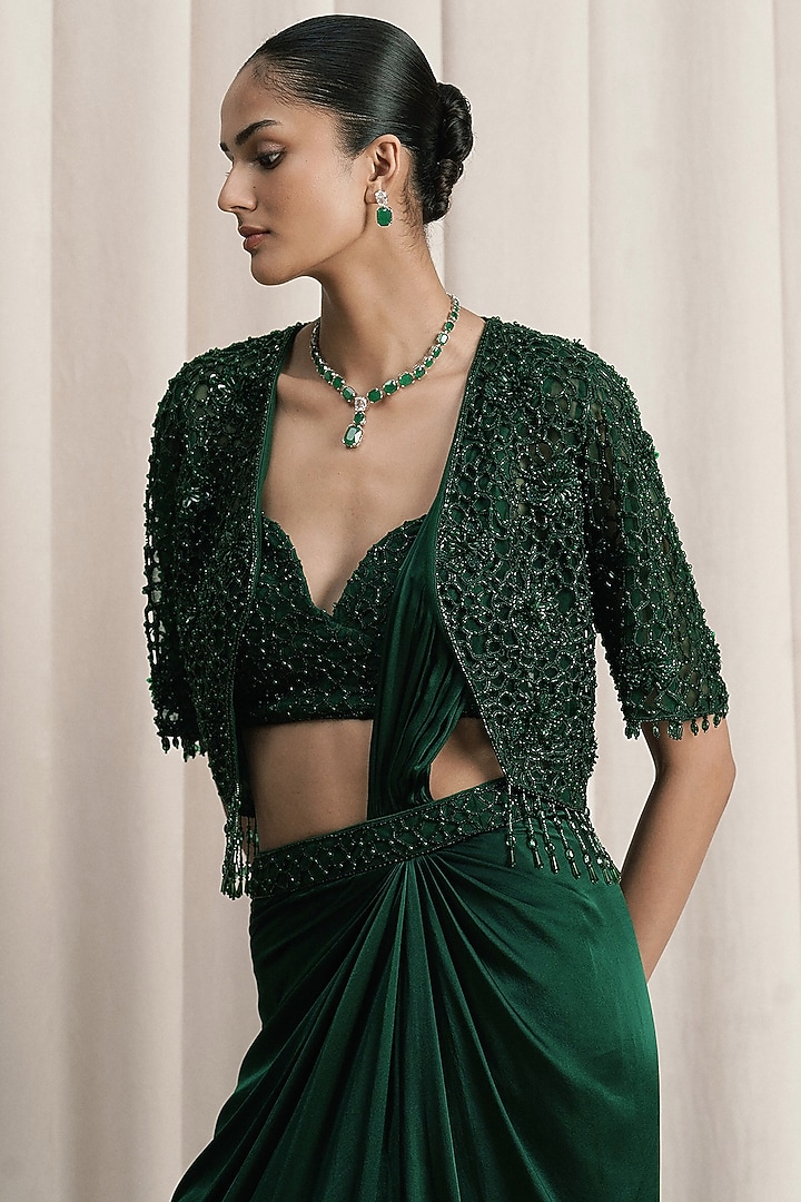 Emerald Green Satin Draped Reception Saree Set by ISTYA at Pernia's Pop Up Shop