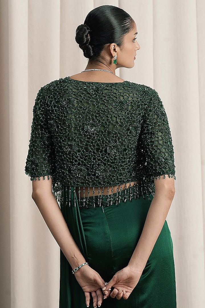 Emerald Green Satin Draped Reception Saree Set by ISTYA at Pernia's Pop Up Shop