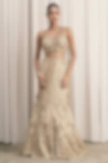 Beige Net Sequin Hand Embroidered Fish-Cut Bridal Lehenga Set by ISTYA at Pernia's Pop Up Shop