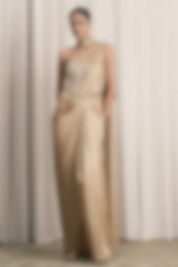 Beige Satin Draped Wedding Saree Set by ISTYA at Pernia's Pop Up Shop
