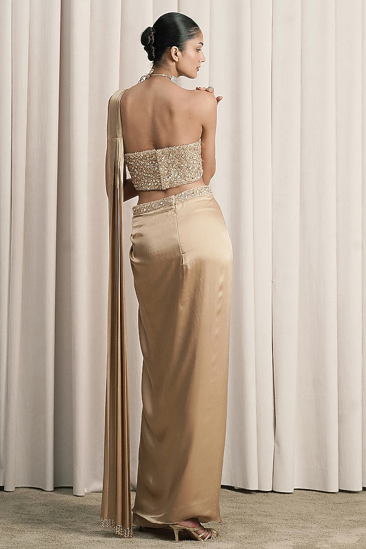 Beige Satin Draped Wedding Saree Set by ISTYA at Pernia's Pop Up Shop