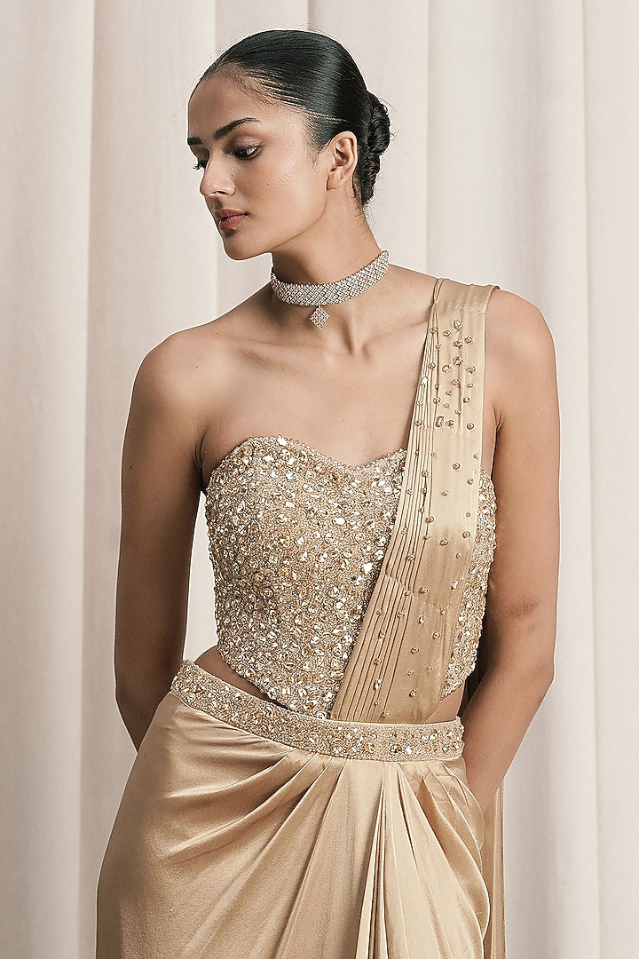 Beige Satin Draped Wedding Saree Set by ISTYA at Pernia's Pop Up Shop