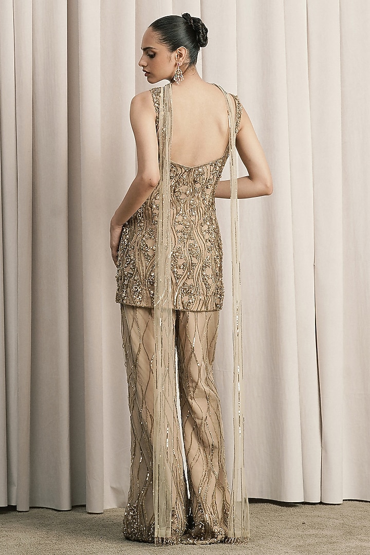 Beige Net Sequin Embellished Bridal Sharara Set by ISTYA at Pernia's Pop Up Shop