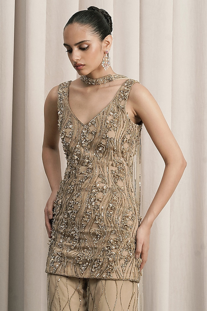 Beige Net Sequin Embellished Bridal Sharara Set by ISTYA at Pernia's Pop Up Shop