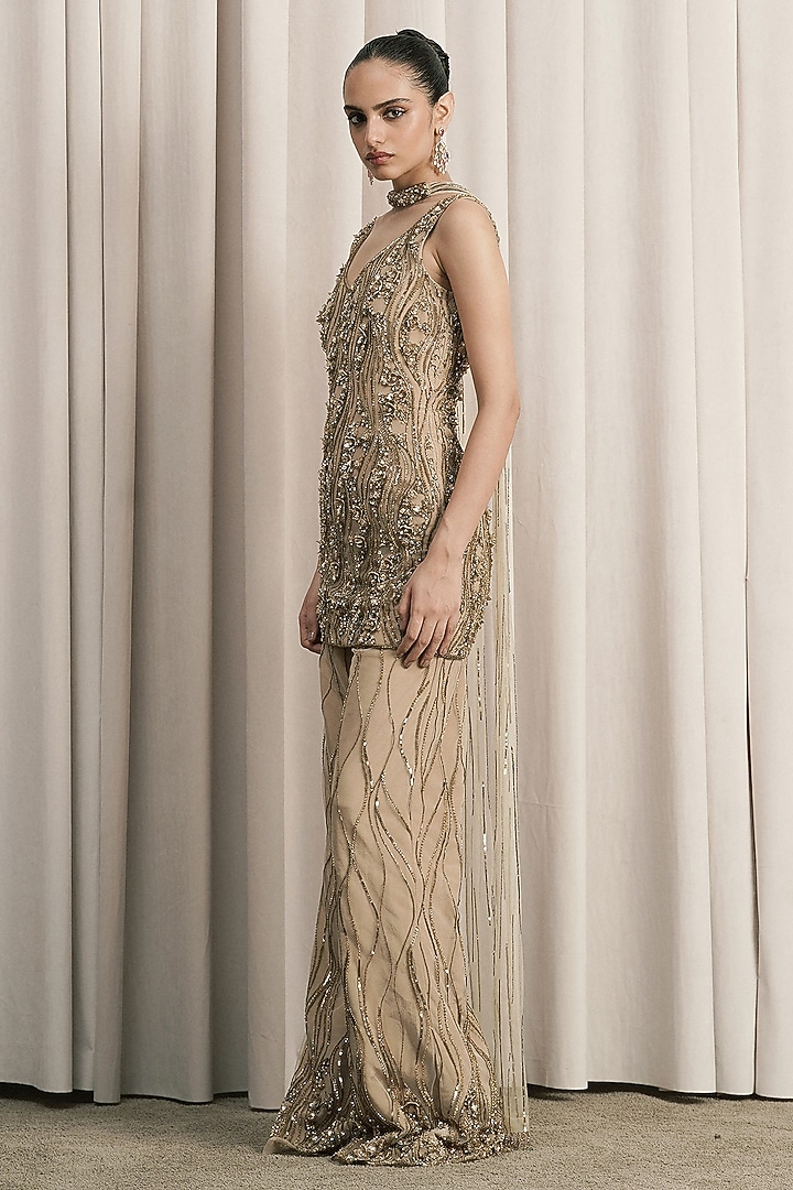 Beige Net Sequin Embellished Bridal Sharara Set by ISTYA at Pernia's Pop Up Shop