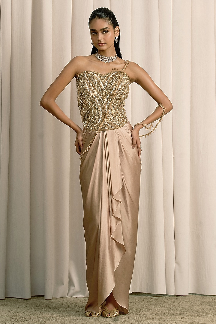 Beige Satin Net Draped Skirt Set by ISTYA at Pernia's Pop Up Shop