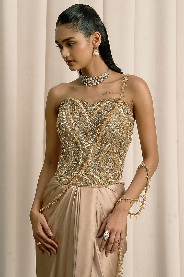 Beige Satin Net Draped Skirt Set by ISTYA at Pernia's Pop Up Shop