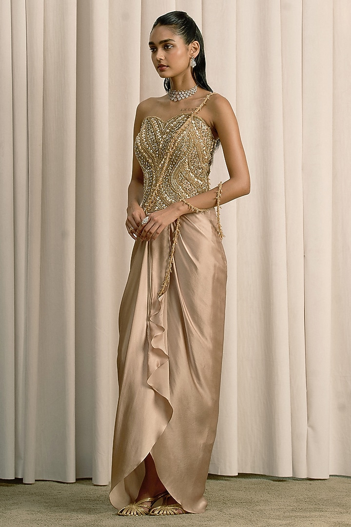 Beige Satin Net Draped Skirt Set by ISTYA at Pernia's Pop Up Shop