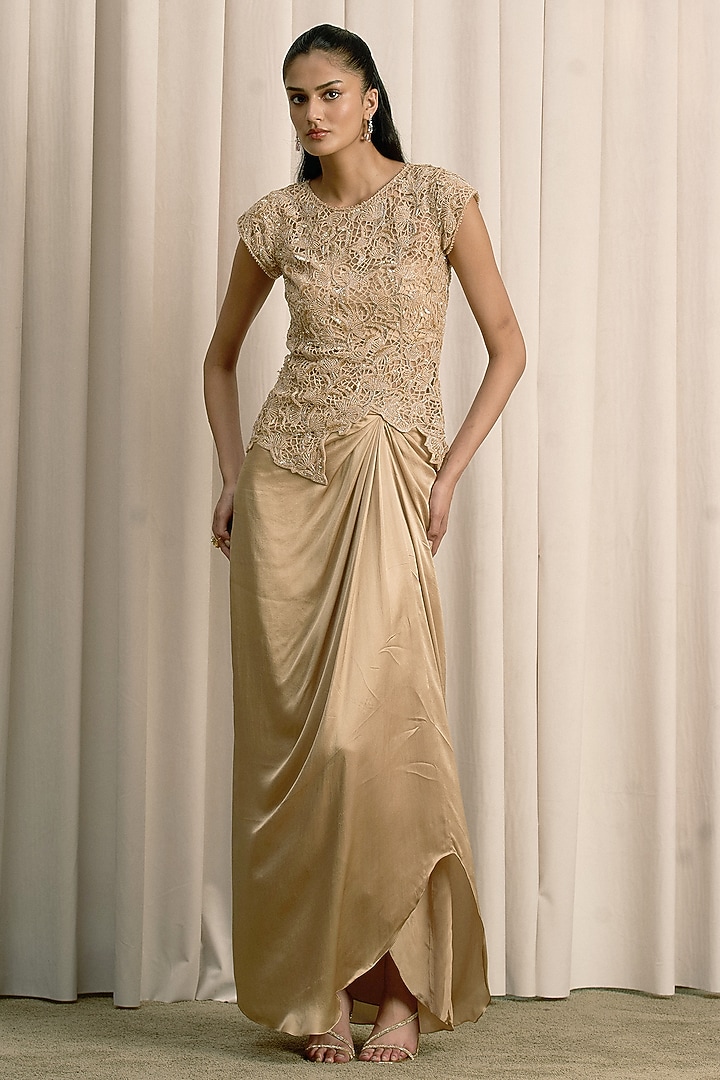 Beige Satin Pick-Up Skirt Set by ISTYA at Pernia's Pop Up Shop
