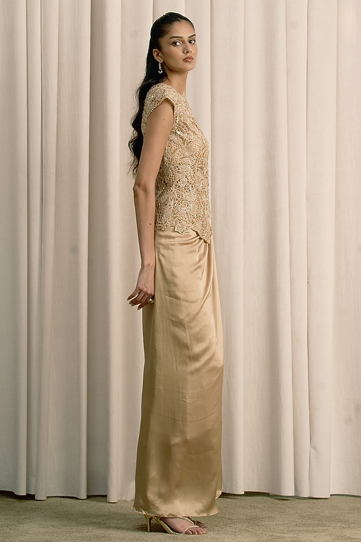 Beige Satin Pick-Up Skirt Set by ISTYA at Pernia's Pop Up Shop