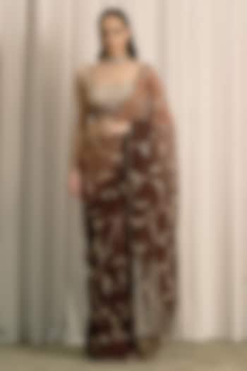 Brown Georgette Sequin Embellished Reception Saree Set by ISTYA at Pernia's Pop Up Shop
