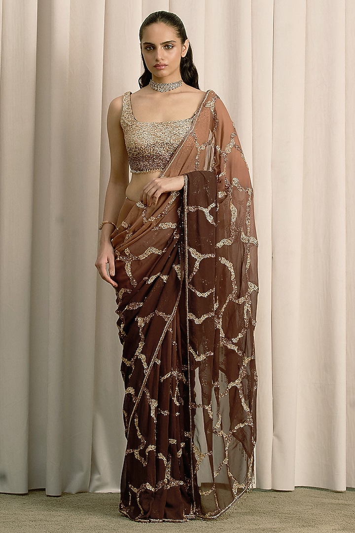 Brown Georgette Sequin Embellished Reception Saree Set by ISTYA at Pernia's Pop Up Shop