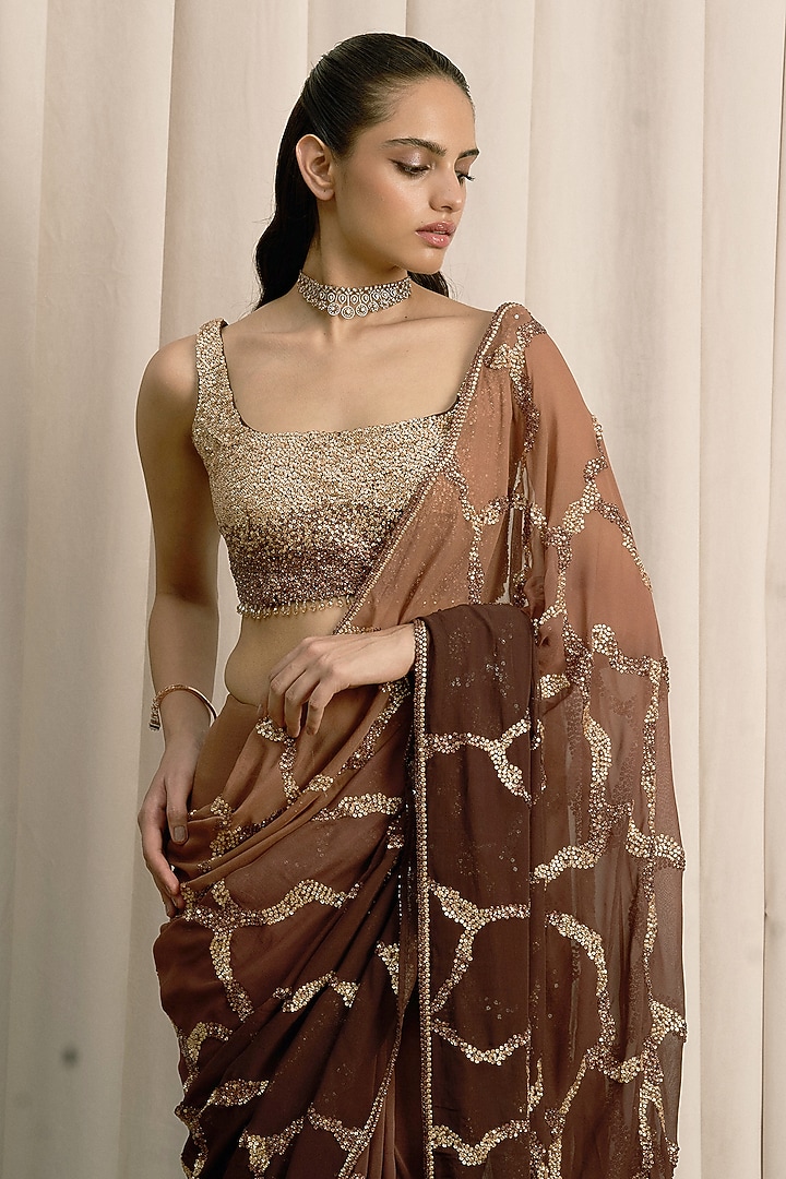 Brown Georgette Sequin Embellished Reception Saree Set by ISTYA at Pernia's Pop Up Shop