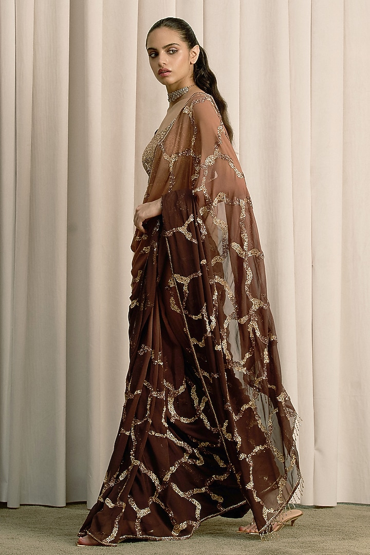 Brown Georgette Sequin Embellished Reception Saree Set by ISTYA at Pernia's Pop Up Shop
