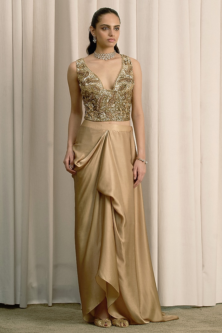 Beige Satin Pick-Up Skirt Set by ISTYA at Pernia's Pop Up Shop