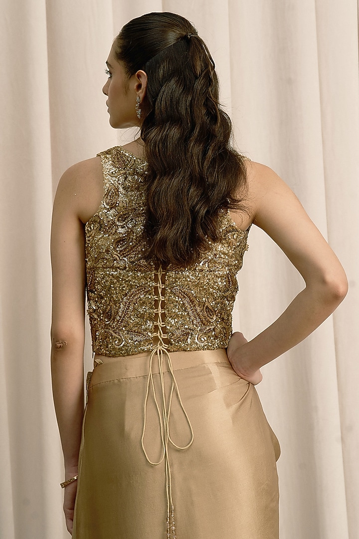 Beige Satin Pick-Up Skirt Set by ISTYA at Pernia's Pop Up Shop