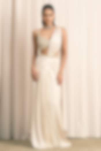 Ivory Satin Draped Wedding Saree Set by ISTYA at Pernia's Pop Up Shop