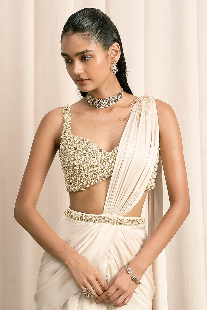 Ivory Satin Draped Wedding Saree Set by ISTYA at Pernia's Pop Up Shop