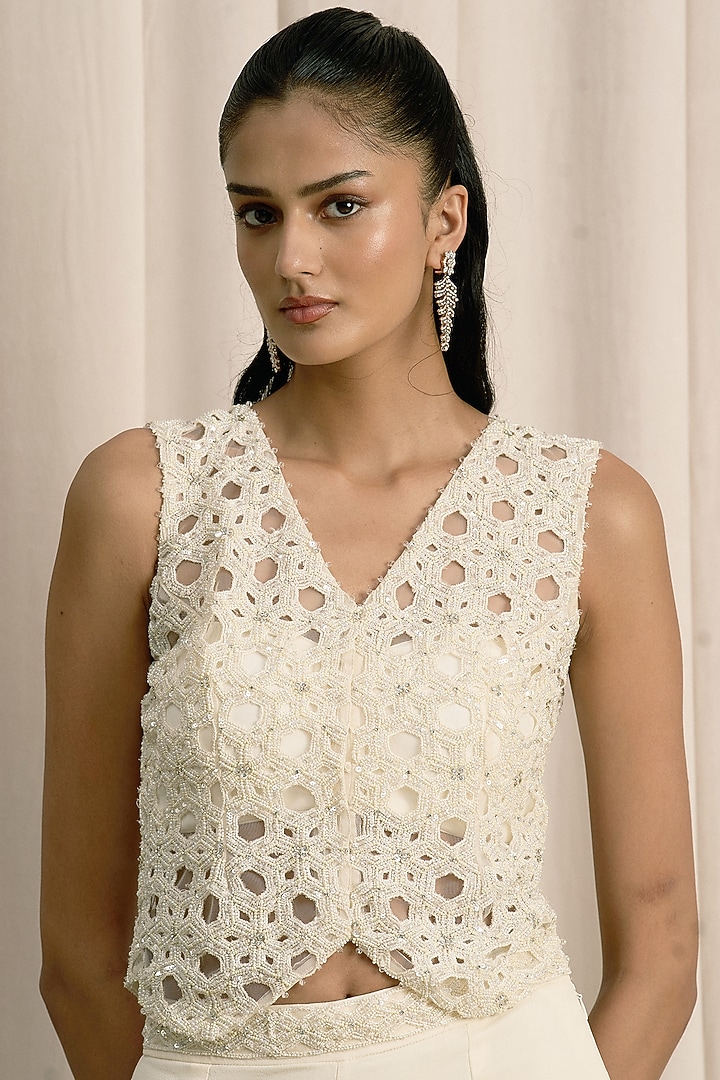 Ivory Georgette Straight Pant Set by ISTYA at Pernia's Pop Up Shop