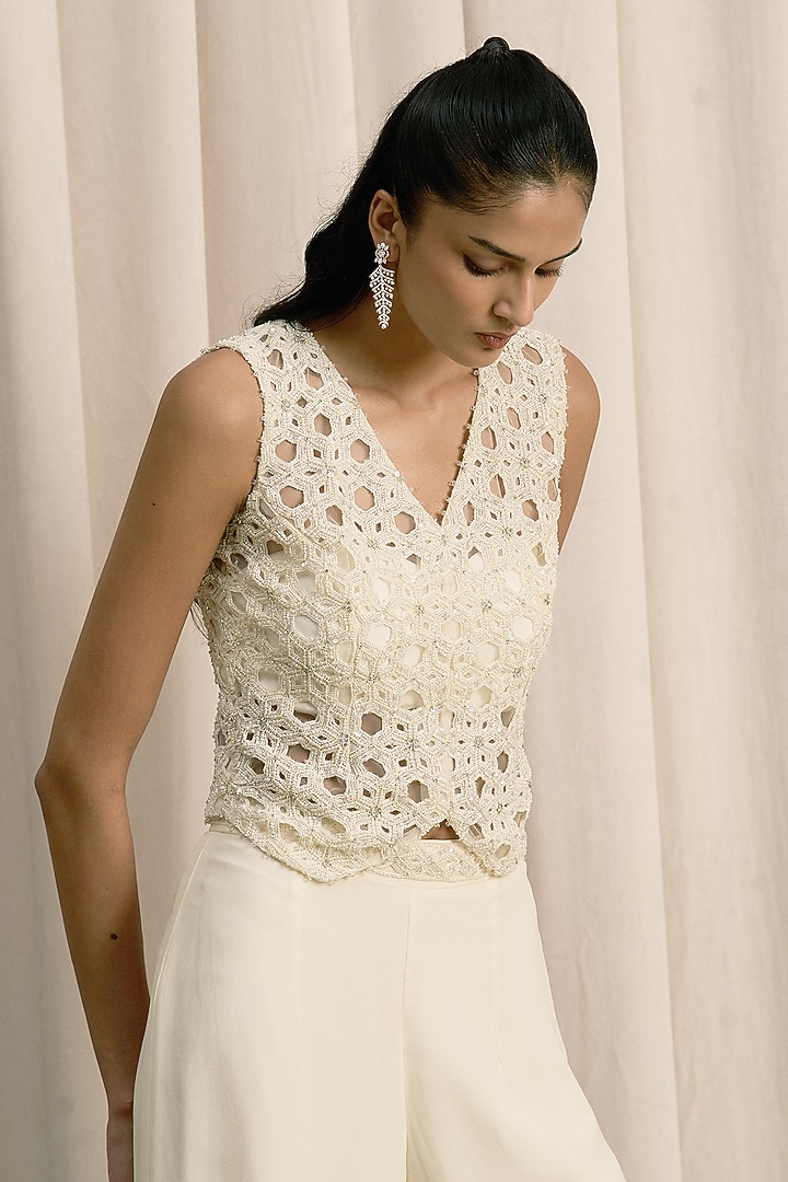 Ivory Georgette Straight Pant Set by ISTYA at Pernia's Pop Up Shop
