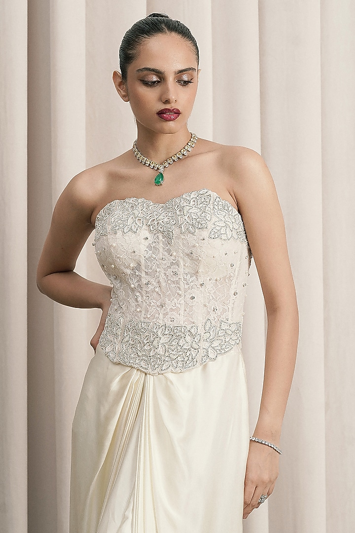Ivory Satin Structured Skirt Set by ISTYA at Pernia's Pop Up Shop