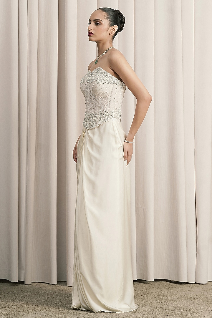 Ivory Satin Structured Skirt Set by ISTYA at Pernia's Pop Up Shop