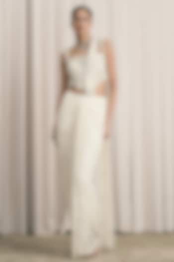 Ivory Chantilly Lace Draped Wedding Saree Set by ISTYA at Pernia's Pop Up Shop
