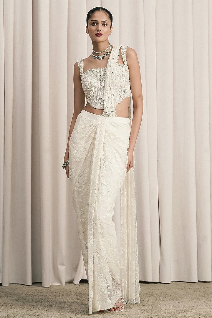 Ivory Chantilly Lace Draped Wedding Saree Set by ISTYA at Pernia's Pop Up Shop