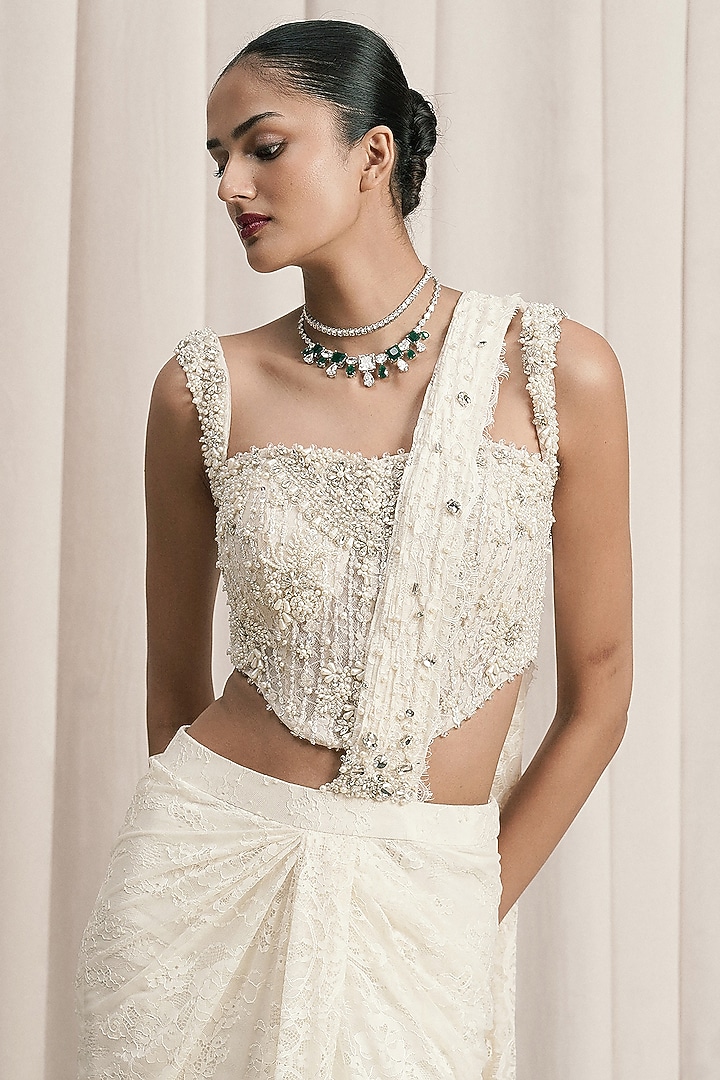 Ivory Chantilly Lace Draped Wedding Saree Set by ISTYA at Pernia's Pop Up Shop