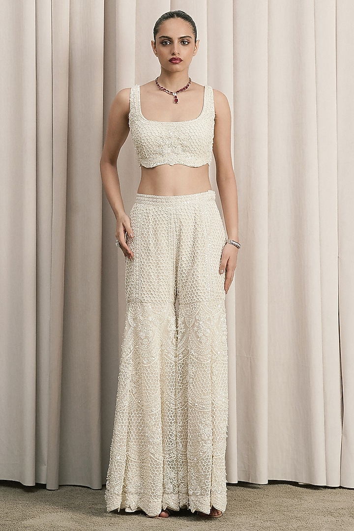 Ivory Net Sequin Embellished Bridal Sharara Set by ISTYA at Pernia's Pop Up Shop