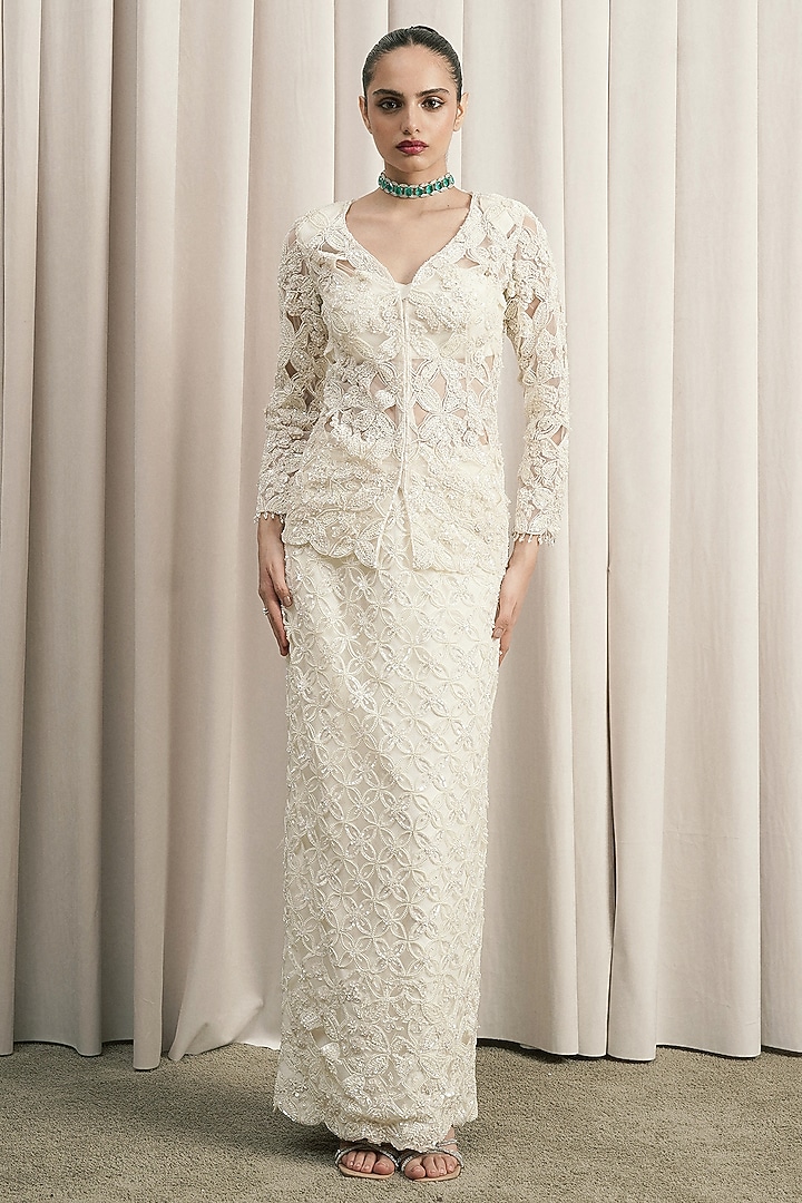 Ivory Net Pearl Embellished Skirt Set by ISTYA at Pernia's Pop Up Shop