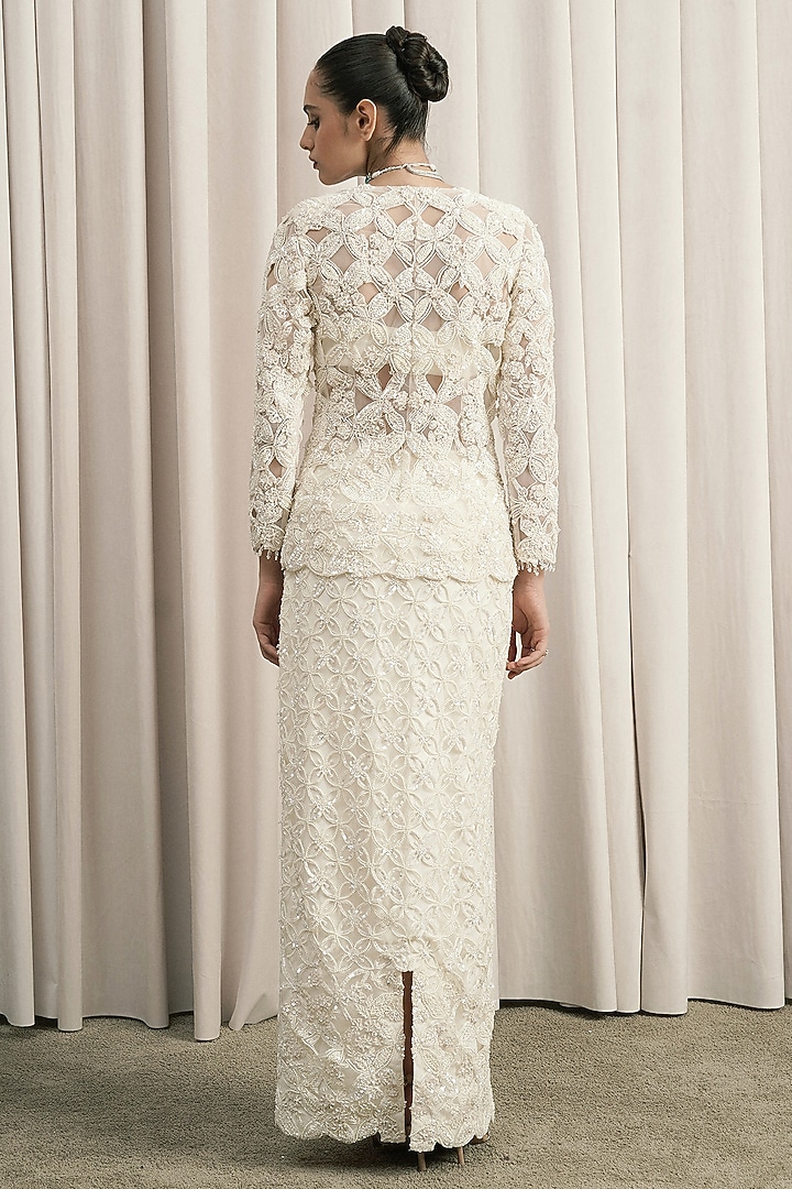 Ivory Net Pearl Embellished Skirt Set by ISTYA at Pernia's Pop Up Shop