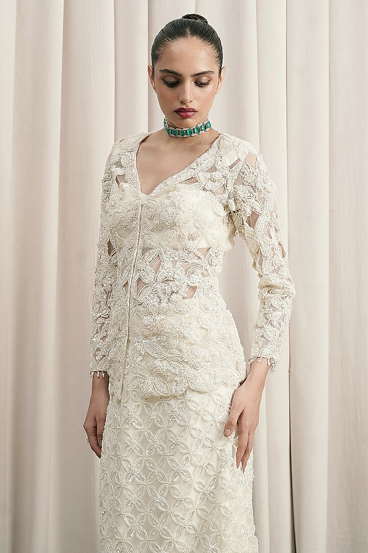 Ivory Net Pearl Embellished Skirt Set by ISTYA at Pernia's Pop Up Shop