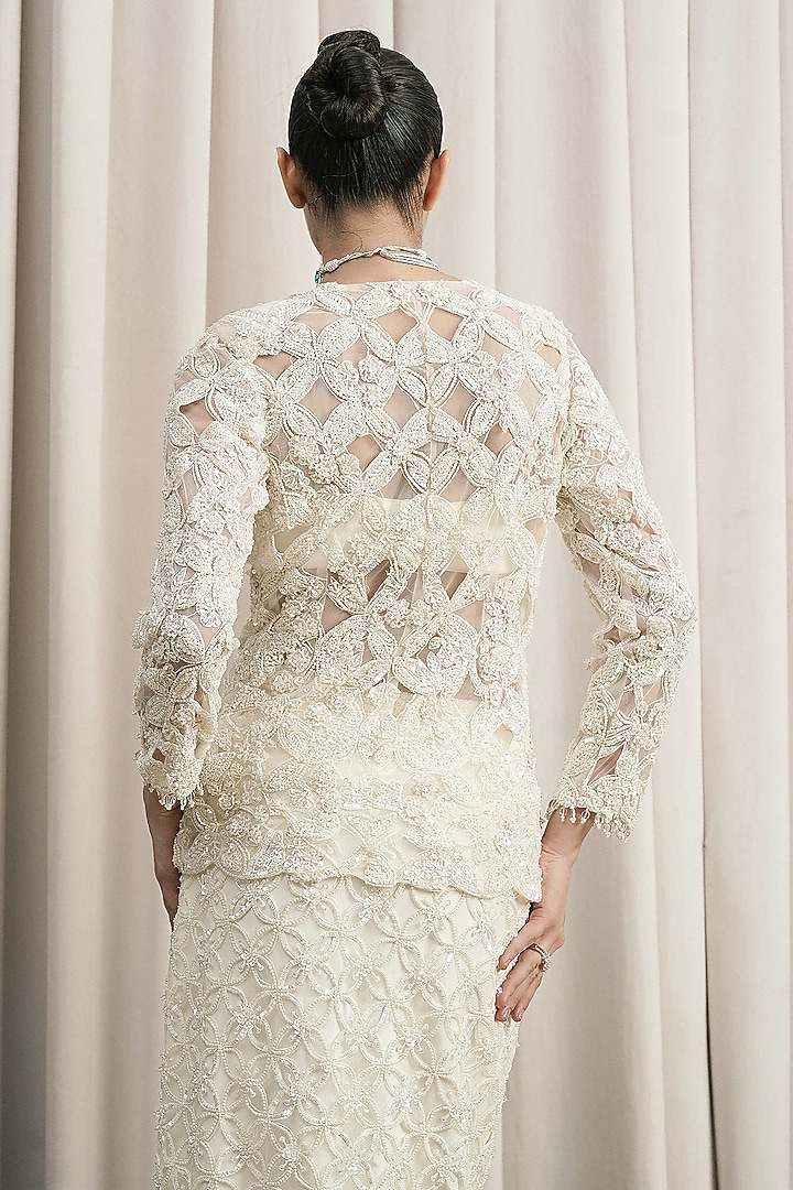 Ivory Net Pearl Embellished Skirt Set by ISTYA at Pernia's Pop Up Shop