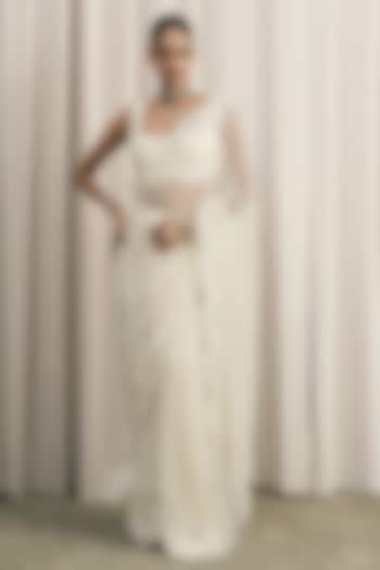 Ivory Net Sequin Embellished Reception Saree Set by ISTYA at Pernia's Pop Up Shop