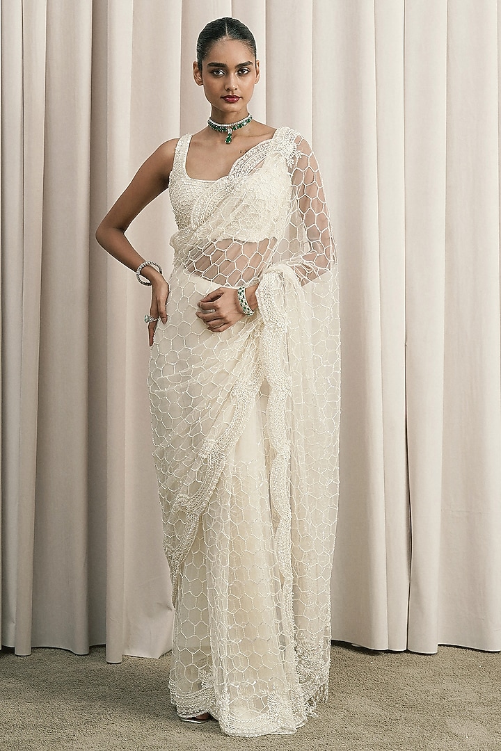 Ivory Net Sequin Embellished Reception Saree Set by ISTYA at Pernia's Pop Up Shop