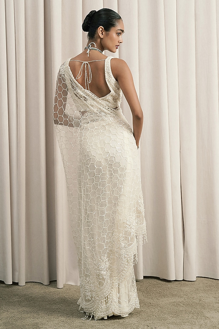 Ivory Net Sequin Embellished Reception Saree Set by ISTYA at Pernia's Pop Up Shop
