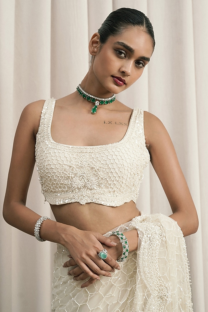 Ivory Net Sequin Embellished Reception Saree Set by ISTYA at Pernia's Pop Up Shop