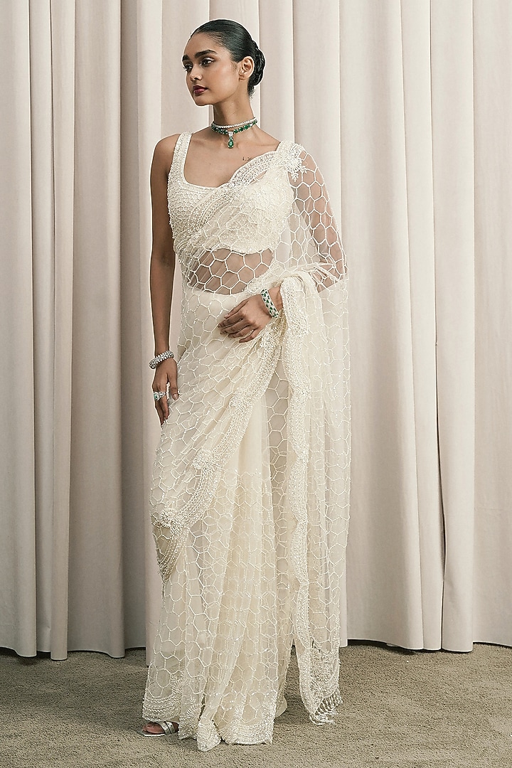 Ivory Net Sequin Embellished Reception Saree Set by ISTYA at Pernia's Pop Up Shop
