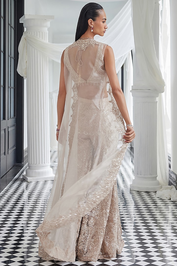 Beige Tissue Organza Hand Embroidered Bridal Sharara Set by ISTYA at Pernia's Pop Up Shop