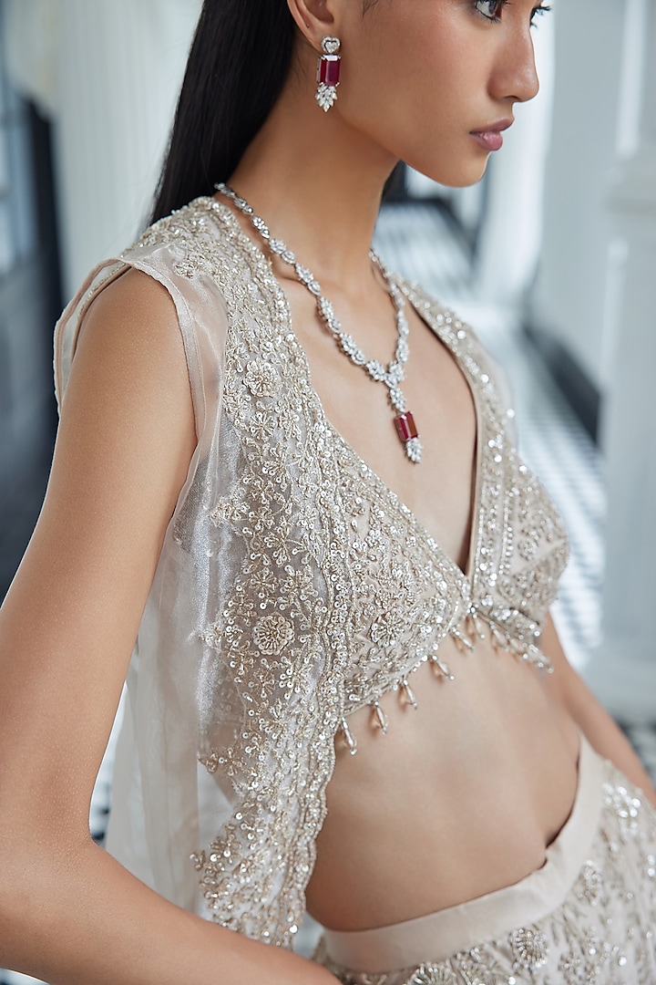 Beige Tissue Organza Hand Embroidered Bridal Sharara Set by ISTYA at Pernia's Pop Up Shop