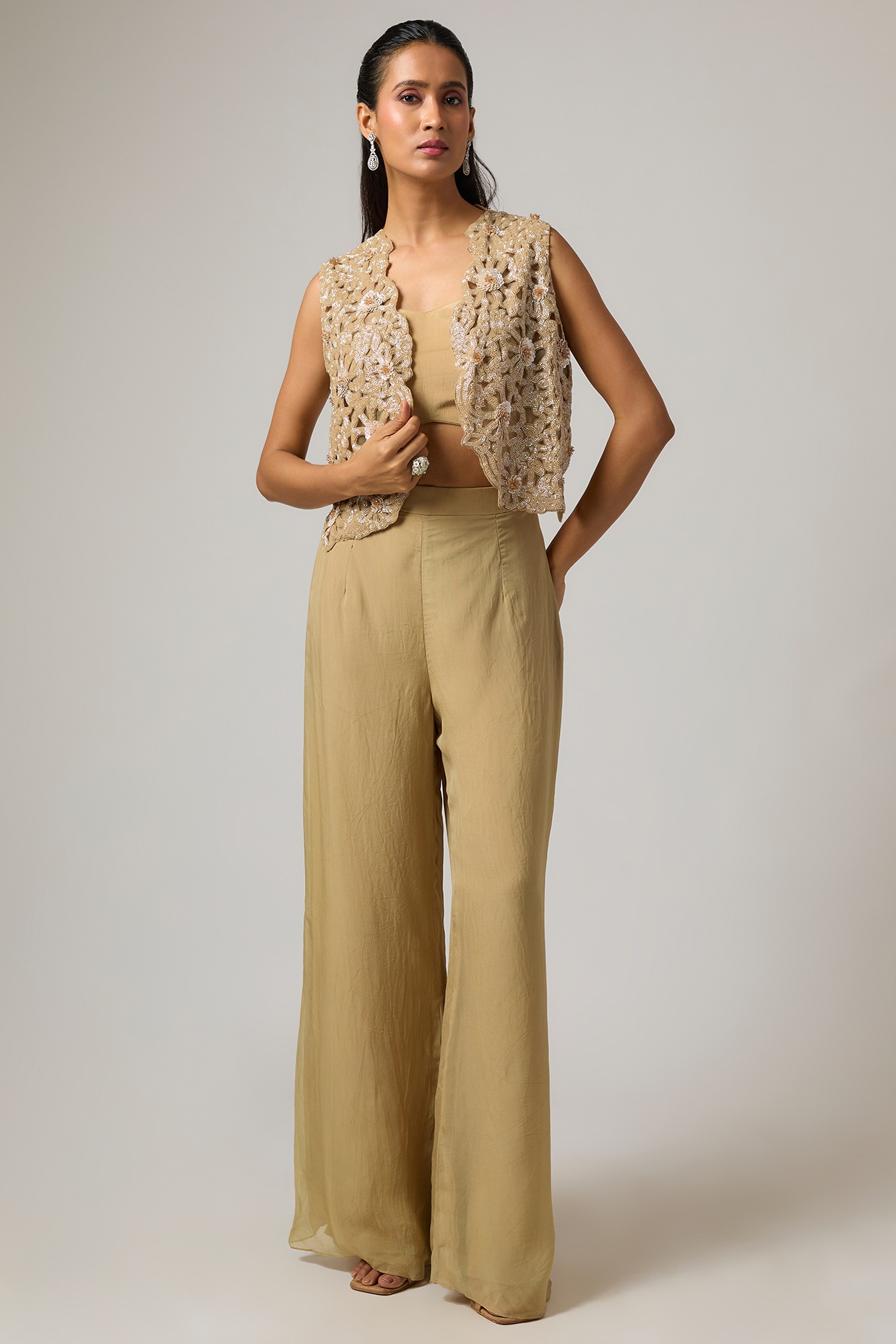 ISTYA Beige Organza Hand Embroidered Jacket Set