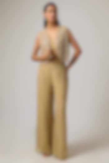 Beige Organza Hand Embroidered Jacket Set by ISTYA at Pernia's Pop Up Shop