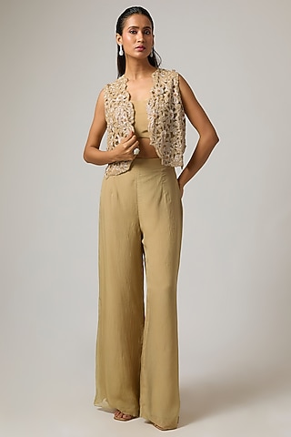 Beige Organza Hand Embroidered Jacket Set by ISTYA