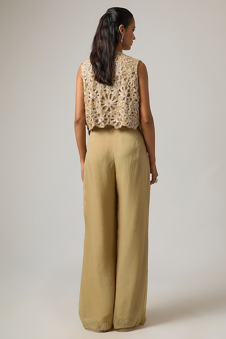 Beige Organza Hand Embroidered Jacket Set by ISTYA at Pernia's Pop Up Shop