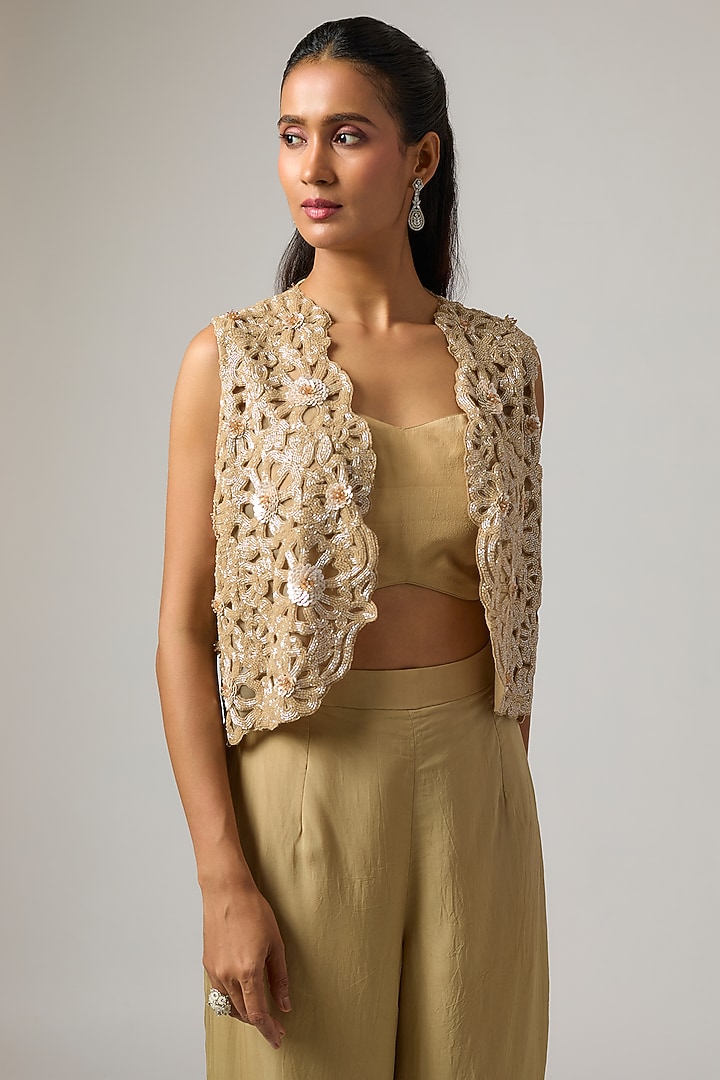 Beige Organza Hand Embroidered Jacket Set by ISTYA at Pernia's Pop Up Shop