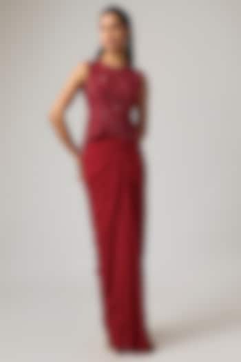 Red Pure Satin Draped Skirt Set by ISTYA at Pernia's Pop Up Shop